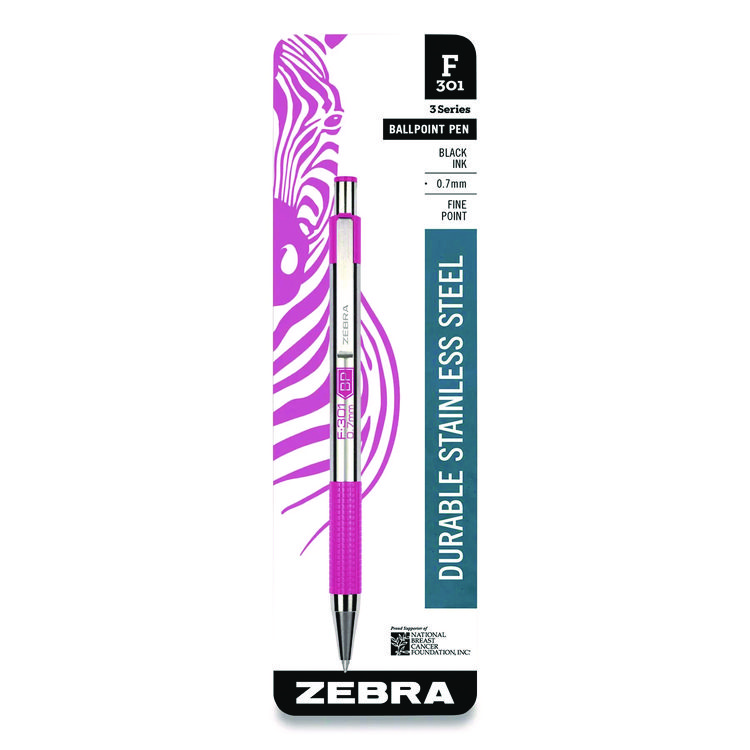 F-301 Breast Cancer Awareness Ballpoint Pen, Retractable, Fine 0.7 mm, Black Ink, Stainless Steel/Pink Barrel