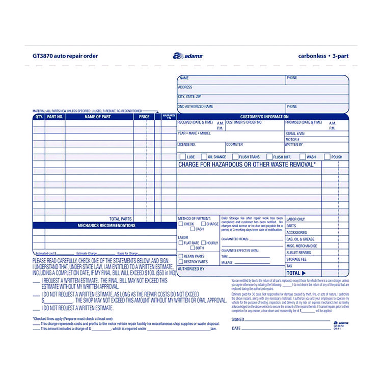 Multipart Auto Repair Work Order Forms, Three-Part Carbonless, 8.5 x 6.94, 50 Forms Total