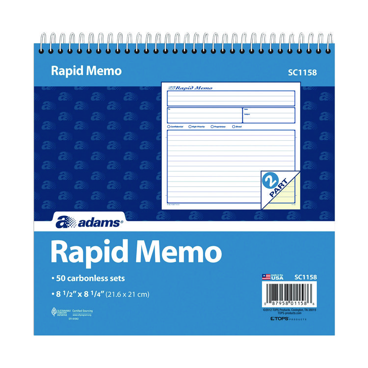 Rapid Memo Pad, Two-Part Carbonless, 8.5 x 7.75, 50 Forms Total