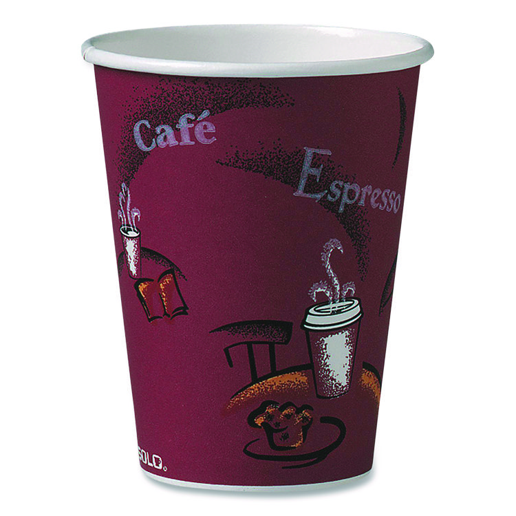 Paper Hot Drink Cups in Bistro Design, 12 oz, Maroon, 300/Carton