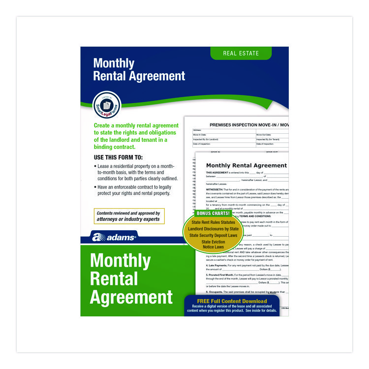 Month-to-Month Residential Rental Agreement Digital Download with Instructions, 8.5 x 11, Unlimited Number of Forms
