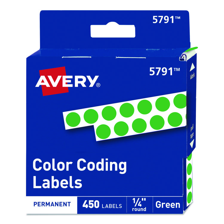 Handwrite-Only Permanent Self-Adhesive Round Color-Coding Labels in Dispensers, 0.25" dia, Green, 450/Roll, (5791)