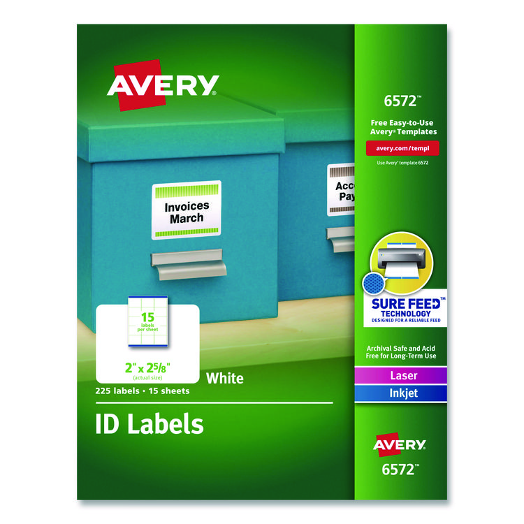 Permanent Id Labels W/ Sure Feed Technology, Inkjet/laser Printers, 2 X 2.63, White, 15/sheet, 15 Sheets/pack