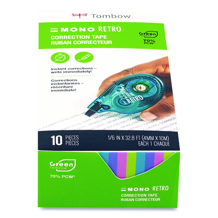 MONO Original Correction Tape Value Pack, Non-Refillable, 0.17" x 32.83 ft, White Tape, Assorted Dispenser Colors, 10/Pack
