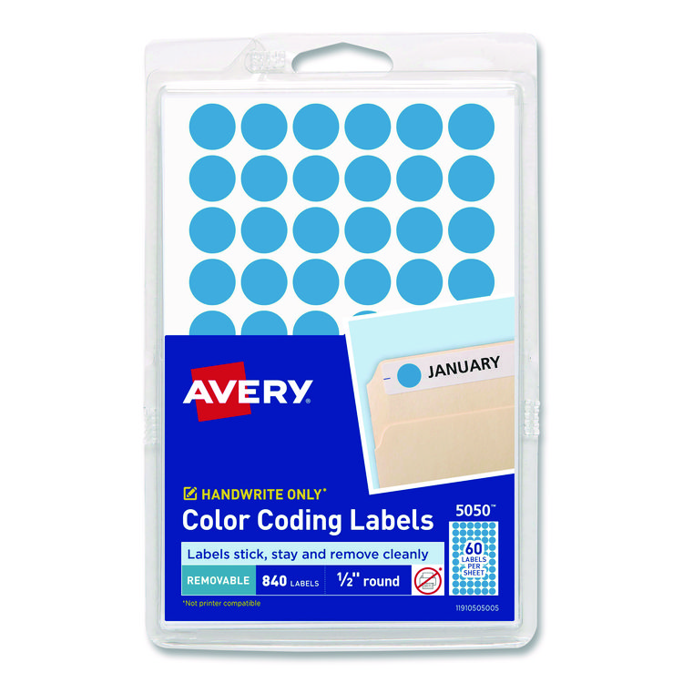 Handwrite Only Self-Adhesive Removable Round Color-Coding Labels, 0.5" dia, Light Blue, 60/Sheet, 14 Sheets/Pack, (5050)