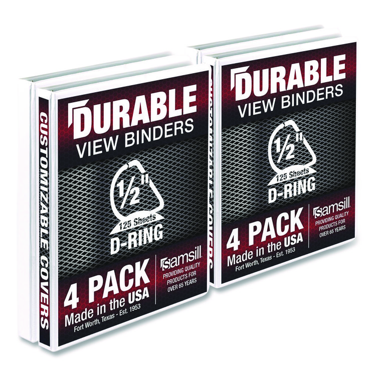 Durable D-Ring View Binders, 3 Rings, 0.5" Capacity, 11.5" x 8.5", White, 4/Pack