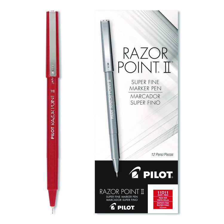 Razor Point II Super Fine Line Porous Point Pen, Stick, Super-Fine 0.2 mm, Red Ink, Red Barrel, Dozen