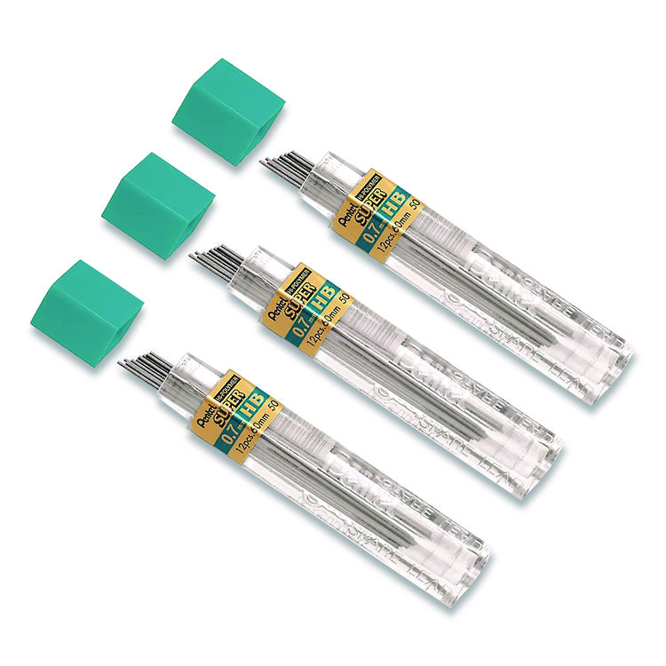 Super Hi-Polymer Lead Refill, 0.7 mm, HB, Black, 12 Leads/Tube, 3 Tubes/Pack