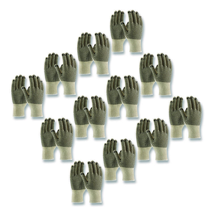 PVC-Dotted Cotton/Polyester Work Gloves, Reversible, Large, Beige/Black, 12 Pairs