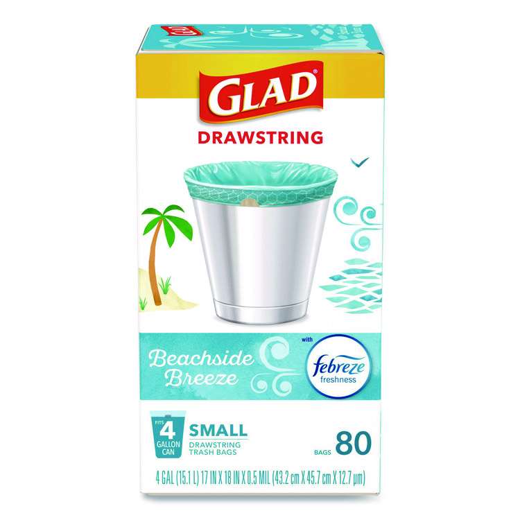 OdorShield Small Drawstring Trash Bags, 4 gal, Beachside Breeze Scent, 0.5 mil, 18" x 17", Blue, 80/Box