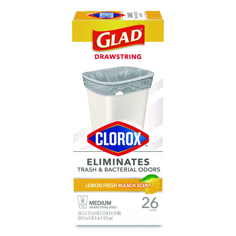 Medium Drawstring Trash Bags with Clorox, 8 gal, Lemon Fresh Bleach Scent, 0.74 mil, 23" x 21.63", Gray, 26/Box