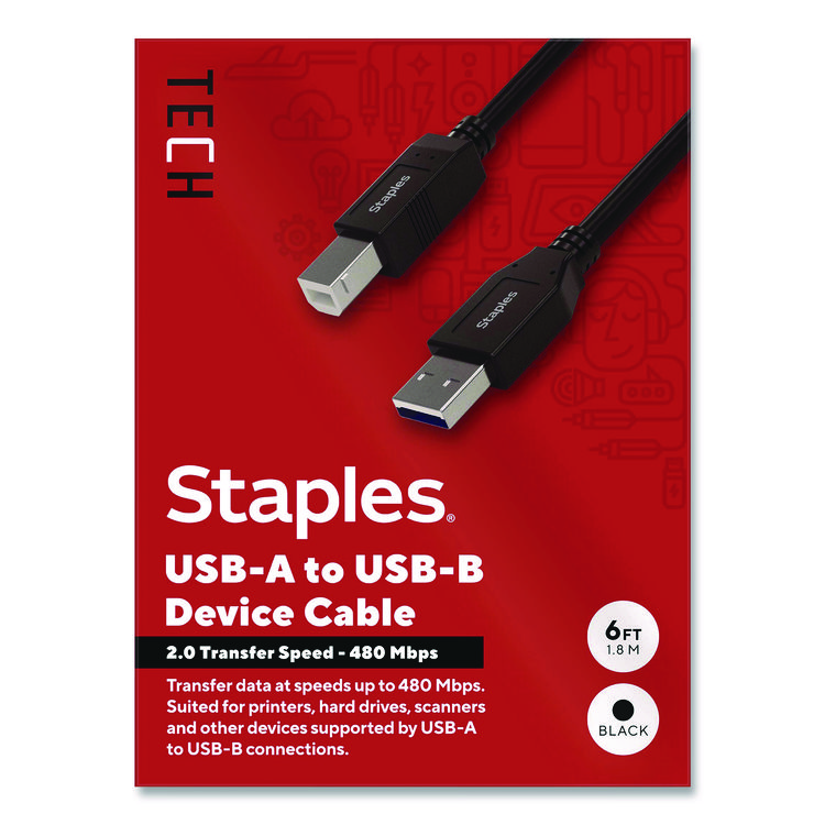 USB-A to USB-B 2.0 Cable, 6 ft, Black