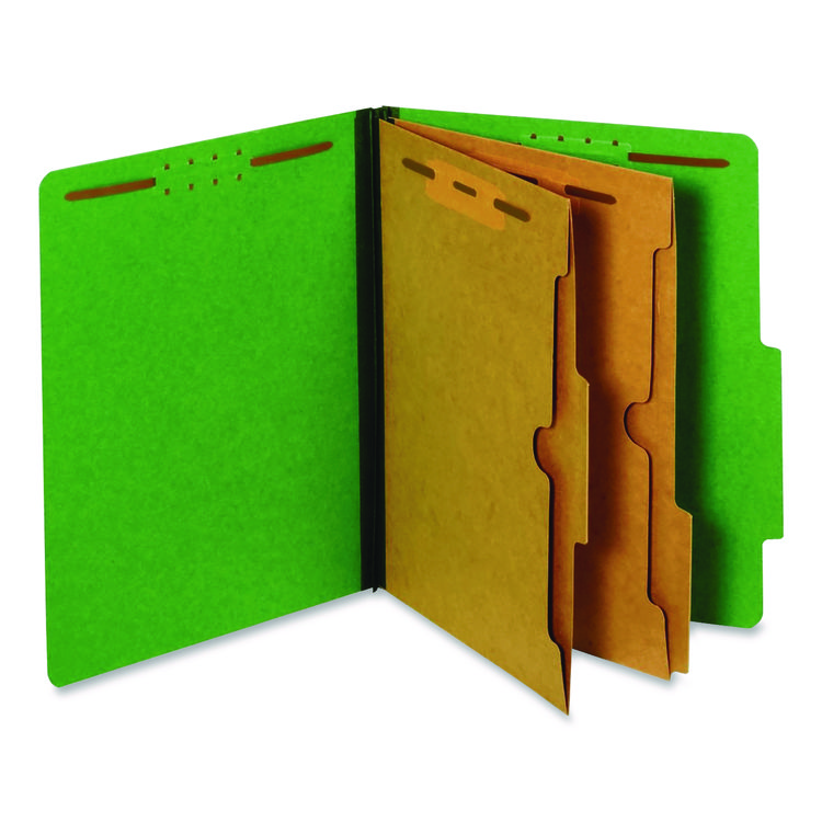 Pressboard Classification Folders with Two Full-Pocket Dividers, 2.5" Expansion, 6 Fasteners, Letter Size, Dark Green, 10/Box