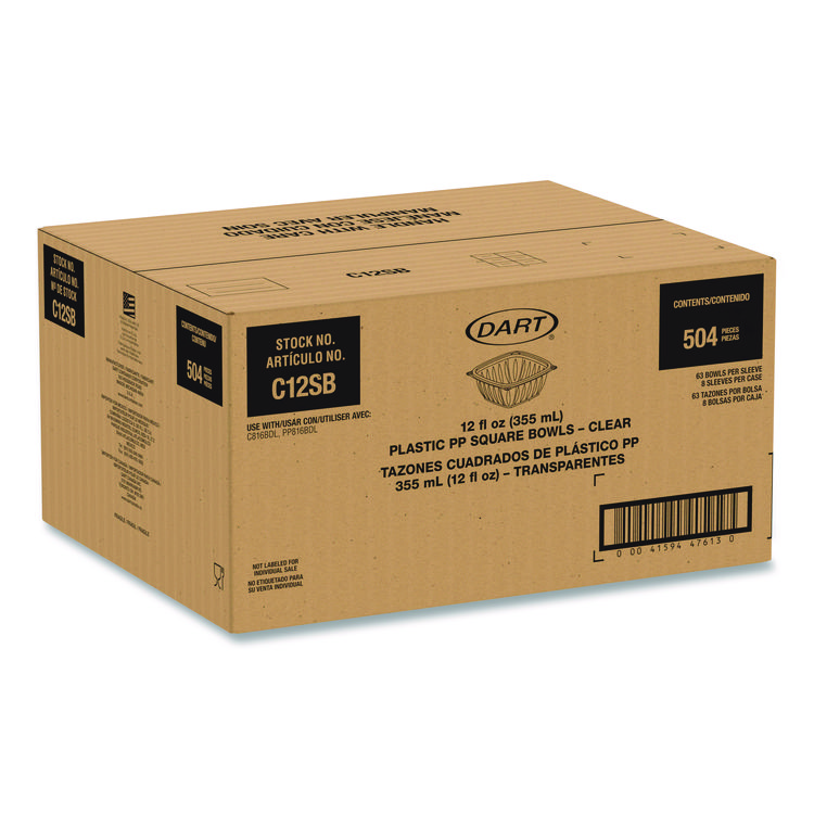 Square Plastic Bowls, 12 oz, 8.5 x 8.5 x 2.64, Clear, Plastic, 63 Bowls/Sleeve, 8 Sleeves/Carton