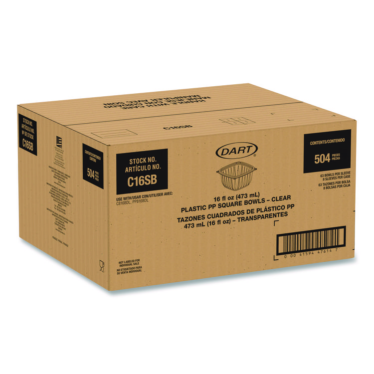 Square Plastic Bowls, 16 oz, 8.5 x 8.5 x 1.96, Clear, Plastic, 63 Bowls/Sleeve, 8 Sleeves/Carton