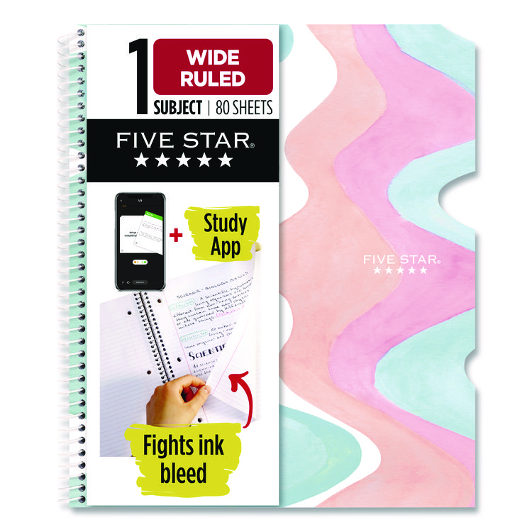Brushy Moves Pastel Waves Design Notebook w/ Study App, 1-Subject, Wide/Legal Rule, Assorted Cover Color, (80)11 x 8.5 Sheets