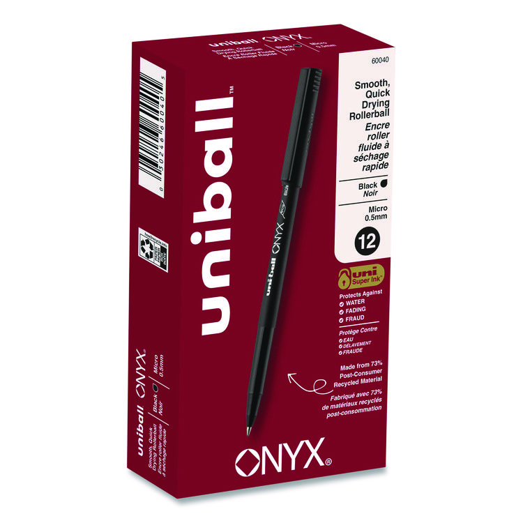 ONYX Rollerball Pen, Stick, Micro 0.5 mm, Black Ink, Black Barrel, Dozen