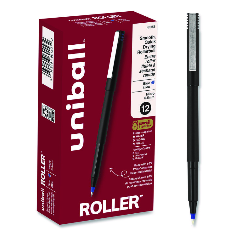 Rollerball Pen, Stick, Micro 0.5 mm, Blue Ink, Black/Blue Barrel, Dozen