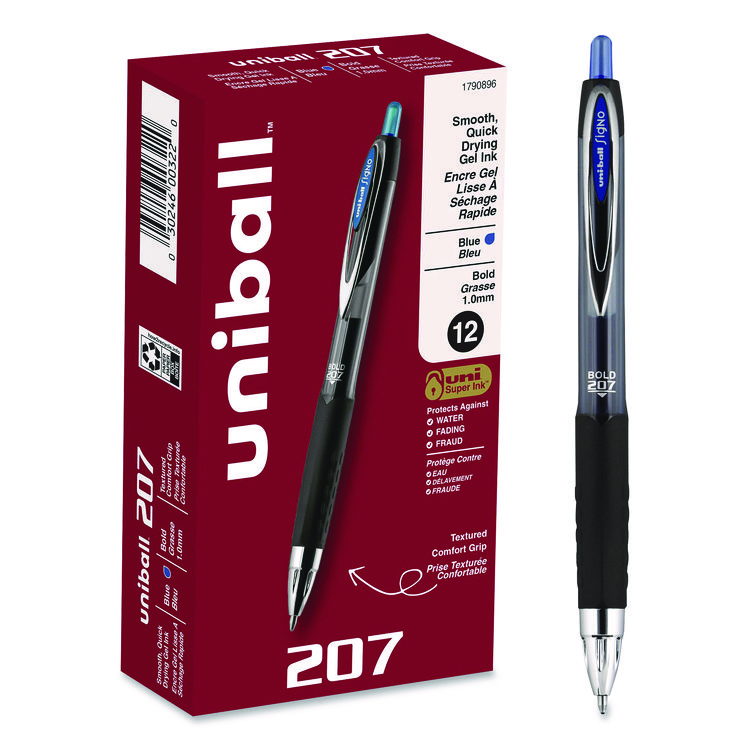 Signo 207 Gel Pen, Retractable, Bold 1 mm, Blue Ink, Smoke/Black/Blue Barrel, Dozen