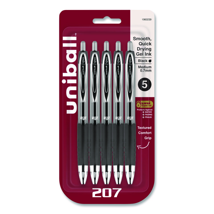 Signo 207 Gel Pen, Retractable, Medium 0.7 mm, Black Ink, Clear/Black Barrel, 5/Pack