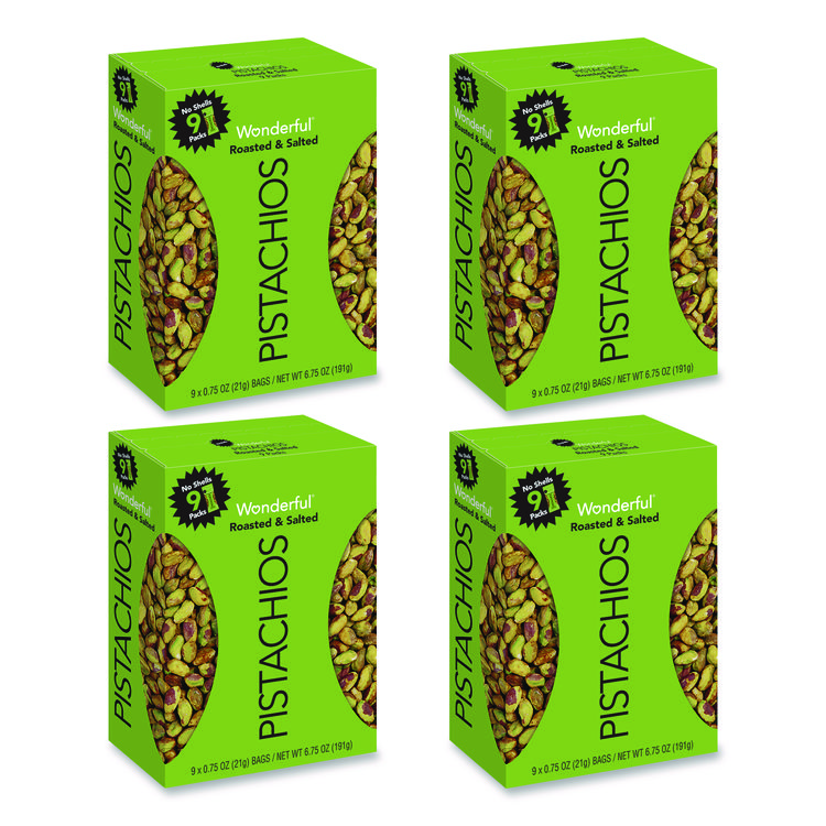 Wonderful No Shells Pistachios, Roasted And Salted, 0.75 Oz Bag, 9 Bags/box, 4 Boxes/carton