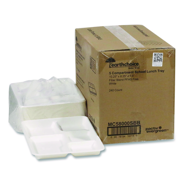 Compostable Fiber Blend School Lunch Tray, 10 x 8 x 1, White, 240/Carton