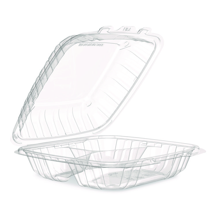 Microwaveable Hinged Containers, ProPlanet Seal, 3 Compartments, 9 x 8.75 x 3, Clear, Plastic,150/Carton