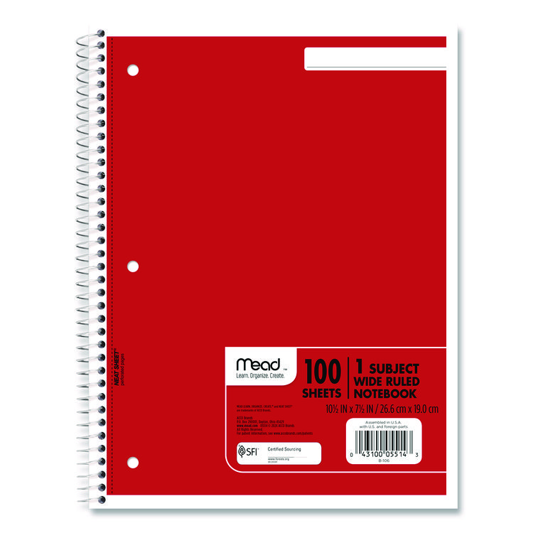 Spiral Notebook, 1-Subject, Wide/Legal Rule, Randomly Assorted Cover Color, (100) 10.5 x 7.5 Sheets