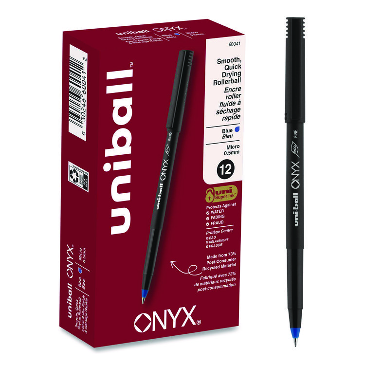 ONYX Rollerball Pen, Stick, Micro 0.5 mm, Blue Ink, Black/Blue Barrel, Dozen