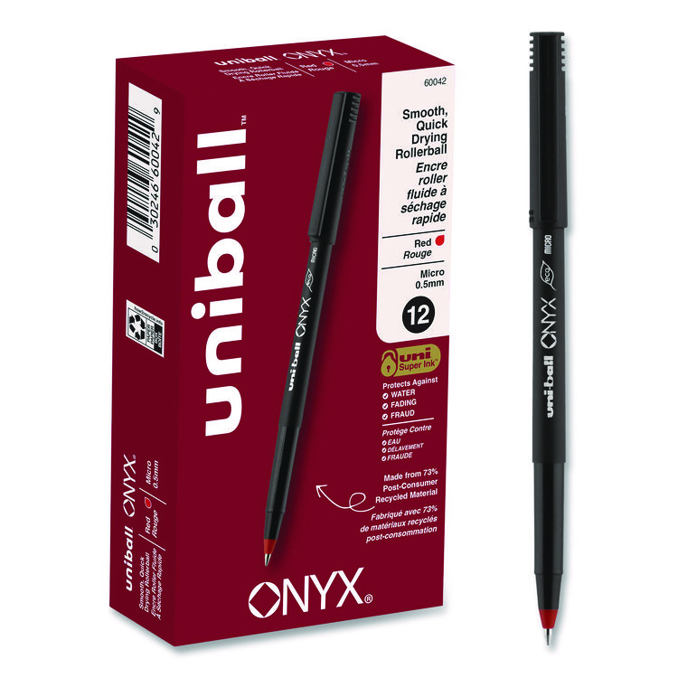 ONYX Rollerball Pen, Stick, Micro 0.5 mm, Red Ink, Black/Red Barrel, Dozen