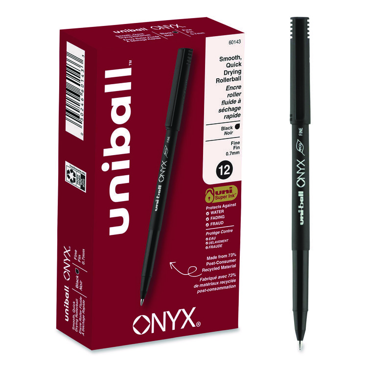 ONYX Rollerball Pen, Stick, Fine 0.7 mm, Black Ink, Black Barrel, Dozen