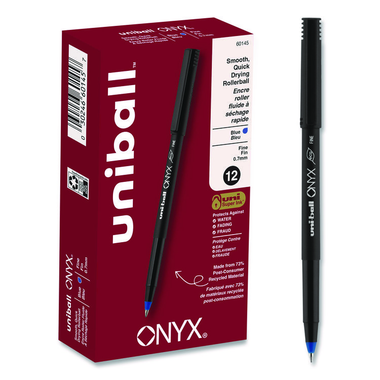 ONYX Rollerball Pen, Stick, Fine 0.7 mm, Blue Ink, Black/Blue Barrel, Dozen
