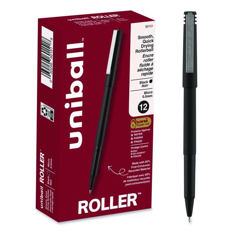 Rollerball Pen, Stick, Micro 0.5 mm, Black Ink, Black Barrel, Dozen