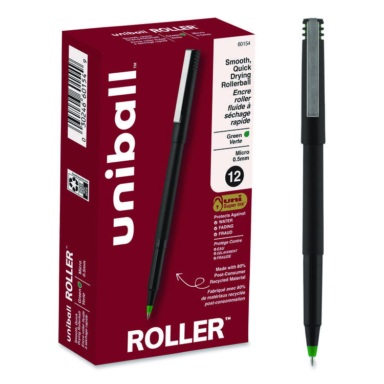 Rollerball Pen, Stick, Micro 0.5 mm, Green Ink, Black/Green Barrel, Dozen