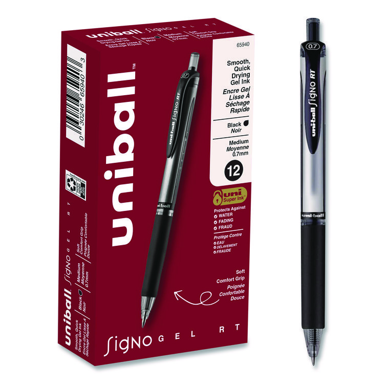 Signo Gel Pen, Retractable, Medium 0.7 mm, Black Ink, Silver/Black Barrel, Dozen