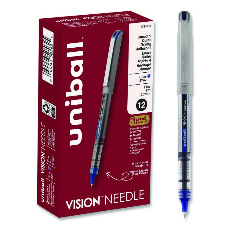 VISION Needle Rollerball Pen, Stick, Fine 0.7 mm, Blue Ink, Gray/Clear/Blue Barrel, Dozen