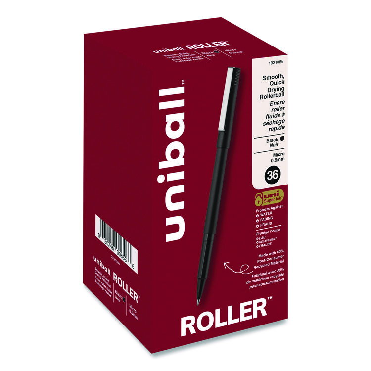 Rollerball Pen, Stick, Micro 0.5 mm, Black Ink, Black Barrel, 36/Pack