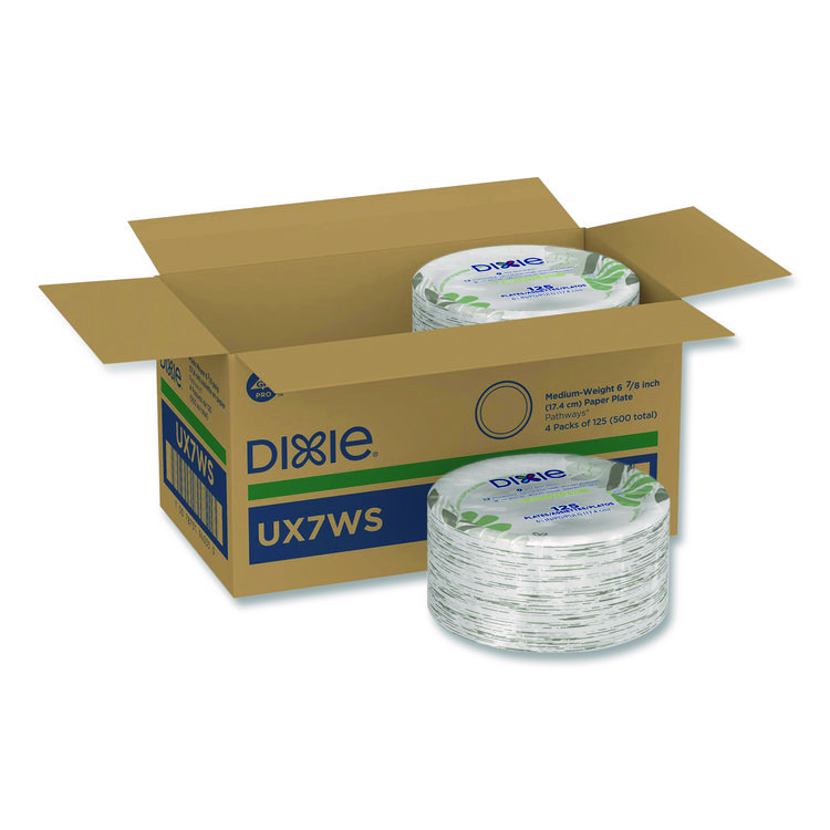 Pathways Soak-Proof Shield Mediumweight Paper Plates, WiseSize, 6.87" dia, Green/Burgundy, 500/Carton