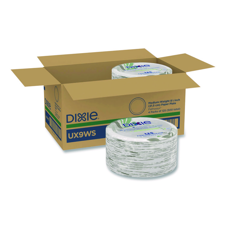 Pathways Soak-Proof Shield Mediumweight Paper Plates, Wisesize, 8.5" Dia, Green/burgundy, 125/pack, 4 Packs/carton