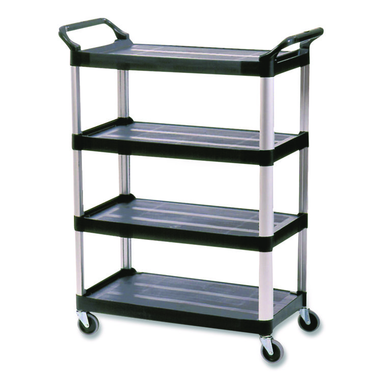 Xtra Utility Cart with Open Sides, Plastic, 4 Shelves, 400 lb Capacity, 40.63" x 20" x 51", Black