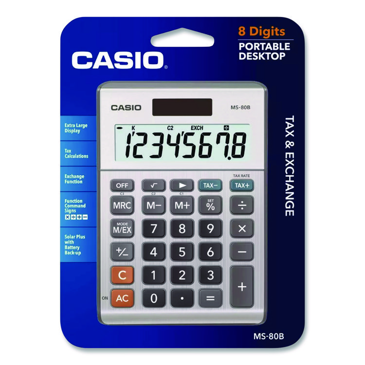 MS80B 8-Digit Battery and Solar Basic Calculator, LCD, Silver