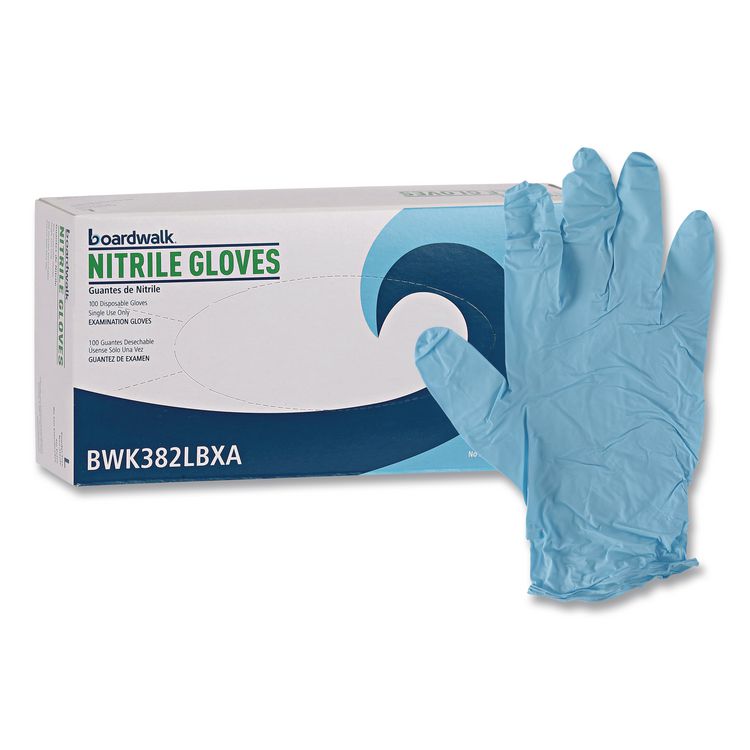 Disposable Examination Nitrile Gloves, Powder-Free, Large, 5 mil Thick, 9.5" Long, Blue, 100/Box