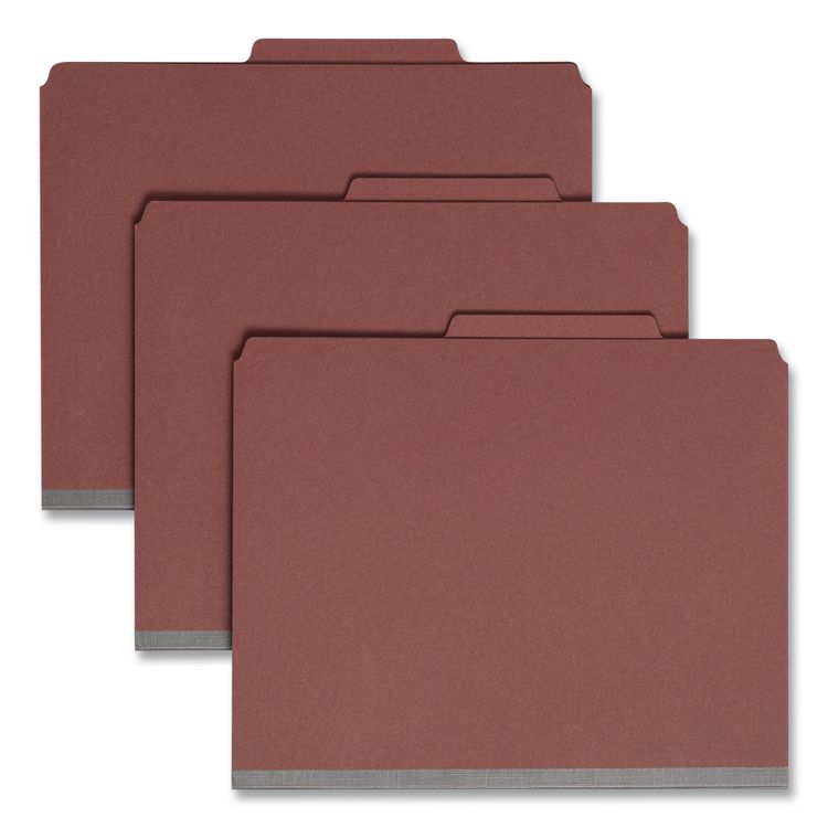 Pressboard Classification Folders, 2/5-Cut Tab, Expands 2", 2 Dividers, 6 SafeSHIELD Fasteners, Letter Size, Red, 10/Box