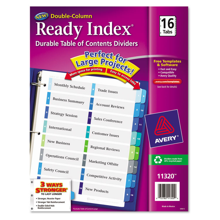 Picture of Ready Index Customizable Table of Contents Double Column Dividers, 16-Tab, Ltr
