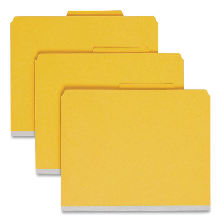 Pressboard Top Tab Pocket Classification Folders, Expands 2", 2 Dividers, 6 SafeSHIELD Fasteners, Letter Size, Yellow, 10/Box
