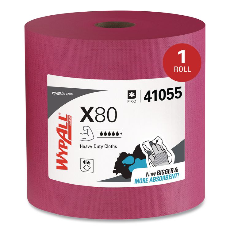 Power Clean X80 Heavy Duty Cloths, Jumbo Roll, Perforated,12.4 x 12.2, Red, 455 Wipers/Roll