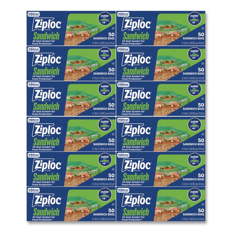 Resealable Sandwich Bags, 6.5" x 5.88", Clear, 50 Bags/Box, 12 Boxes/Carton