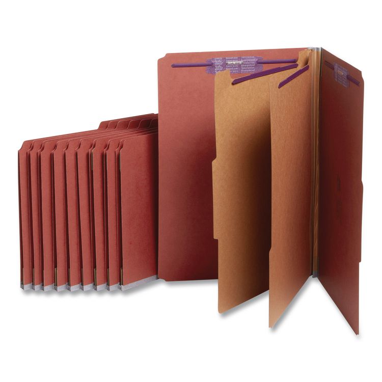 Pressboard Classification Folders, 2/5-Cut Tab, Expands 2", 2 Dividers, 6 SafeSHIELD Fasteners, Legal Size, Red, 10/Box