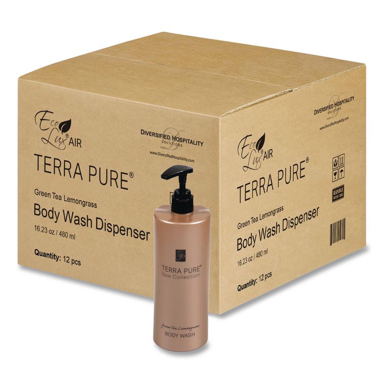 Terra Pure Body Wash Air Pump, Green Tea Lemongrass, 16.23 oz Bottle, 12/Carton