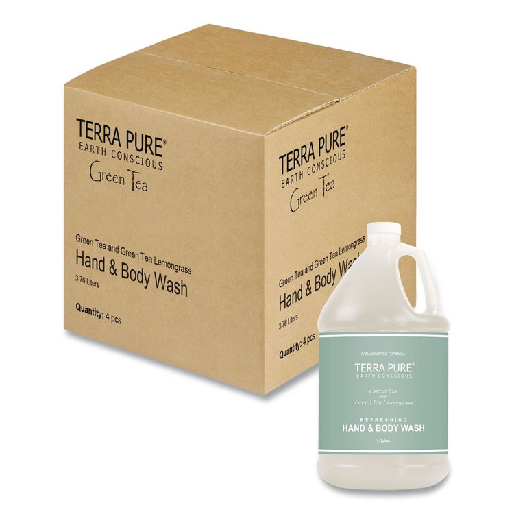 Terra Pure Body Wash Gallon, Green Tea Lemongrass, 1 gal Bottle, 4/Carton